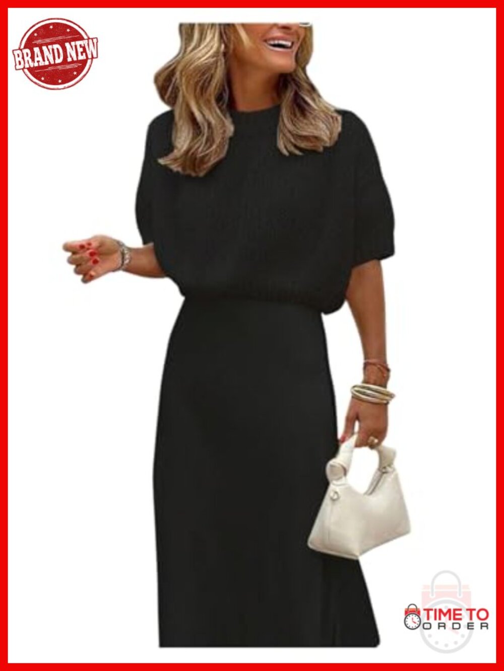Puff Sleeve Crewneck Knit Top Short Sleeve Loose Sweater